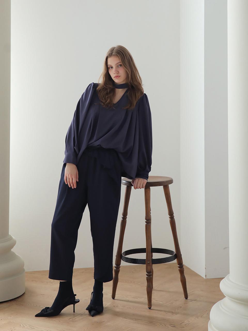 CAHIERS [CAHISIENNE] Ruffle BANDING rubber band pants_Navy