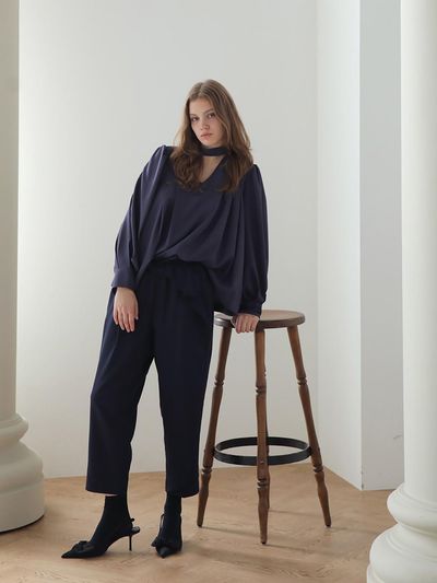 CAHIERS [CAHISIENNE] Ruffle BANDING rubber band pants_Navy