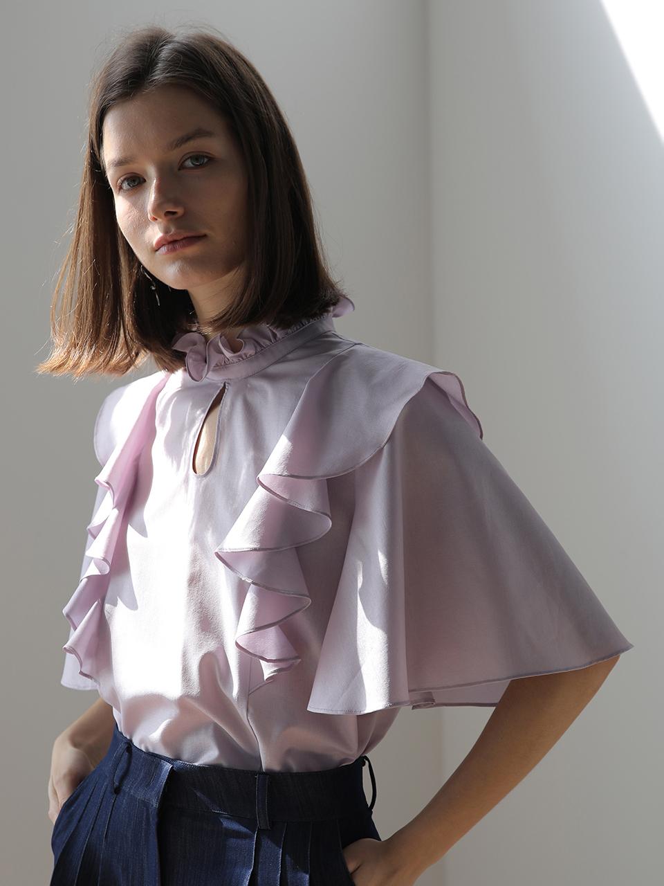 CAHIERS [CAIGIENNE] Loose-fit Keyhole Neckline Ruffle Blouse [Lilac Purple]