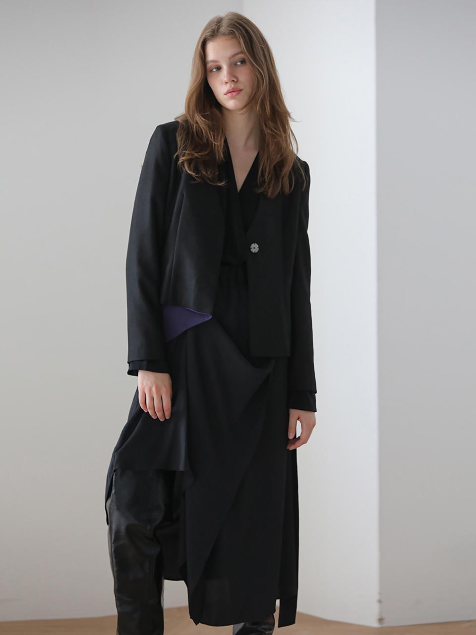 CAHIERS [CAIGIENNE] V-neck Color Block Unbalanced Blazer