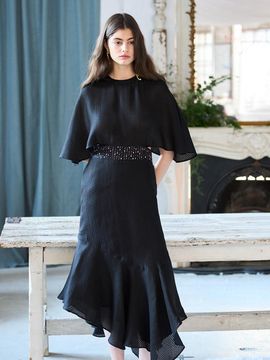 CAHIERS Cape Style Unbalanced Silk Dress [Black]