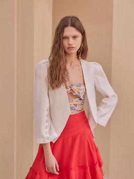 CAHIERS Collarless Puffed Short-Sleeved Short Jacket