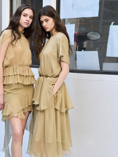 CAHIERS [KAIYE] Loose-fit Unbalanced Shirring Silk Long Dress