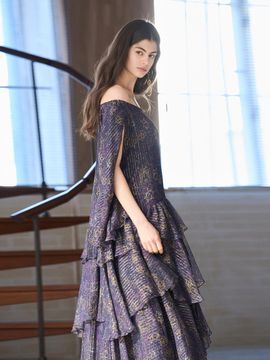CAHIERS [KAIYE] Paisley Print Off-Shoulder Unbalanced Tiered Maxi Dress