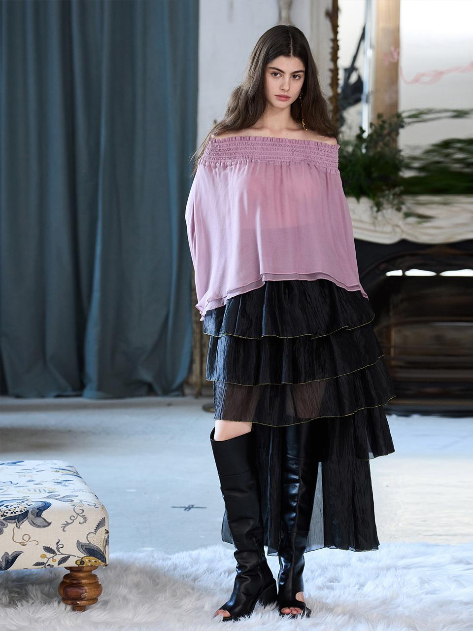CAHIERS [KAIYE] Unbalanced 5-Tier Tiered Long Skirt [Black]