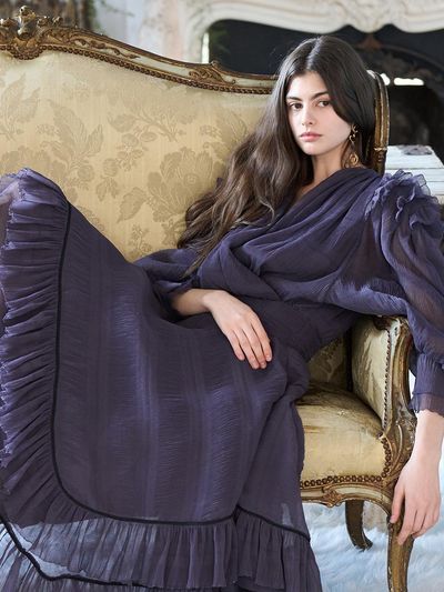 CAHIERS KAIYE Wrap Style Unbalanced Pleated Long Dress [Dark Gray]