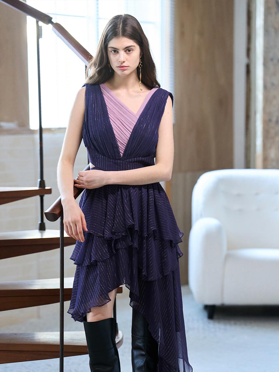 CAHIERS Sleeveless Layered Cross Detail Unbalanced Silk Dress