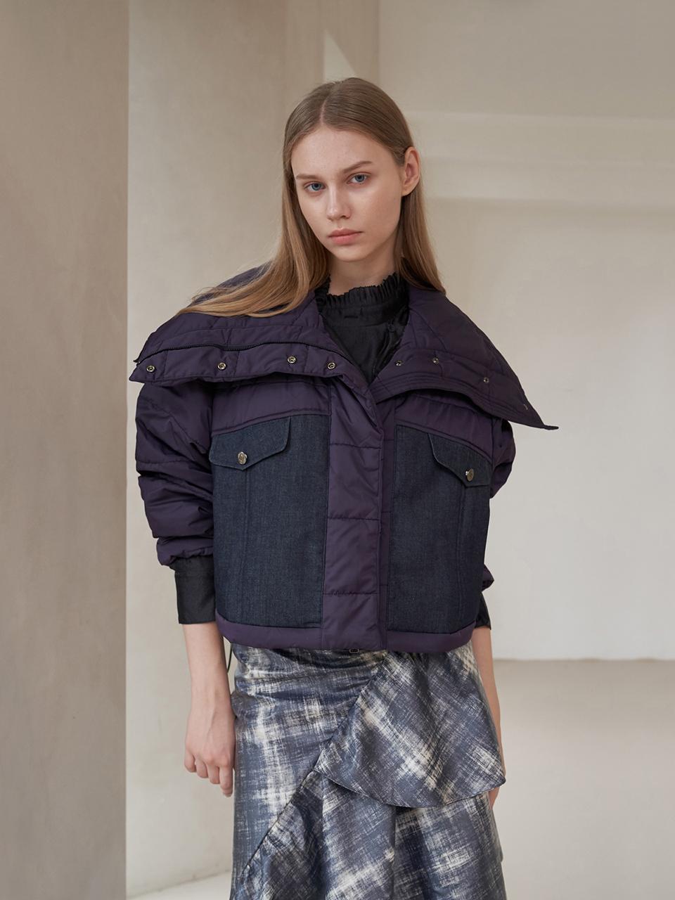 CAHIERS Wide collar denim color trim short padded coat