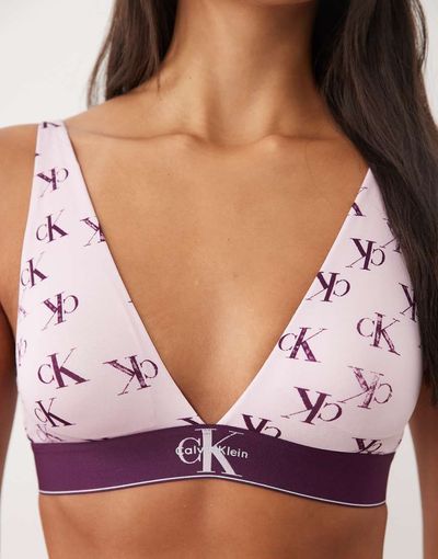 Calvin Klein Calvin Klein Graphic emblem print lightly lined triangle bra in pink and purple-Orange