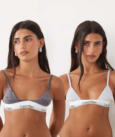 Calvin Klein Calvin Klein Icon Cotton Modal 2 pack lightly lined triangle bra in gray ck print / pale blue-Green