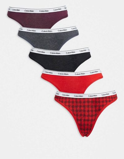 Calvin Klein Calvin Klein Icon Logo 5 pack thongs in black/gray/burgundy/red tartan plaid-Multi