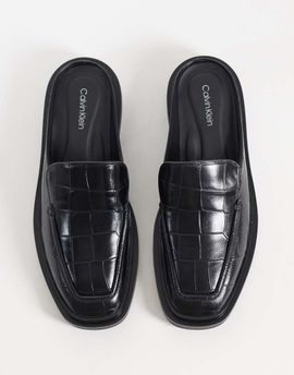 Calvin Klein Calvin Klein leather square toe loafer mule with croc print in black
