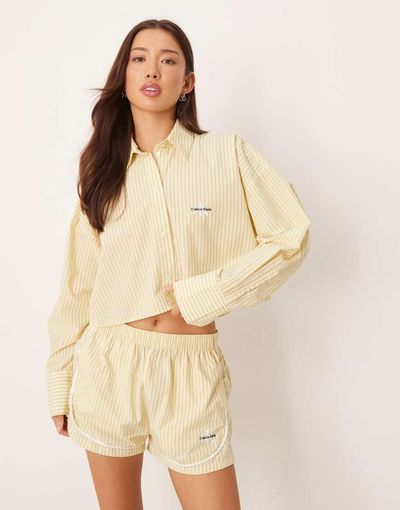 Calvin Klein Calvin Klein poplin track shorts in buttermilk stripe, part of a set-Neutral