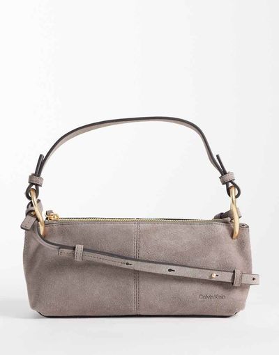 Calvin Klein Calvin Klein suede shoulder bag with cross-body double strap in taupe-Neutral