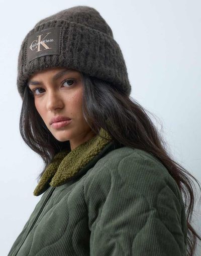 Calvin Klein Calvin Klein woven label brushed chunky rib beanie in chocolate brown