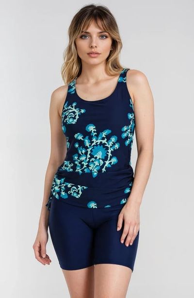 Calypsa Calypsa Maya Tankini Swim Top With Removable Cups and Navy Mid-Thigh Swim Shorts Set