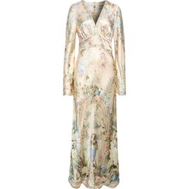 Camilla Camilla Crystal Embellished Floral Long Sleeve Silk Charmeuse V-Neck Dress