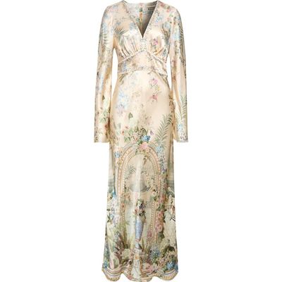 Camilla Camilla Crystal Embellished Floral Long Sleeve Silk Charmeuse V-Neck Dress