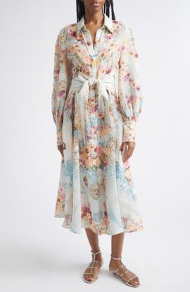 Camilla Camilla Floral Long Sleeve Waist Tie Linen Shirtdress