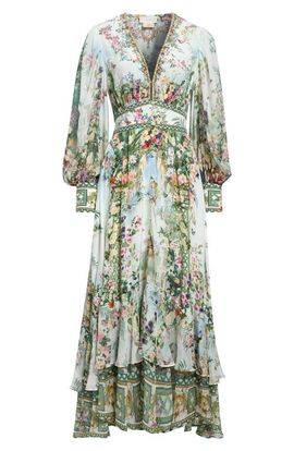 Camilla Camilla Floral Print Long Sleeve Button Front Silk Dress