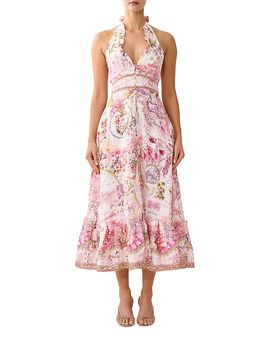 Camilla Camilla Linen Ruffle Halter Neck Midi Dress