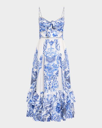 Camilla Ceramic Panoramic Ruffle-Hem Tie Midi Dress