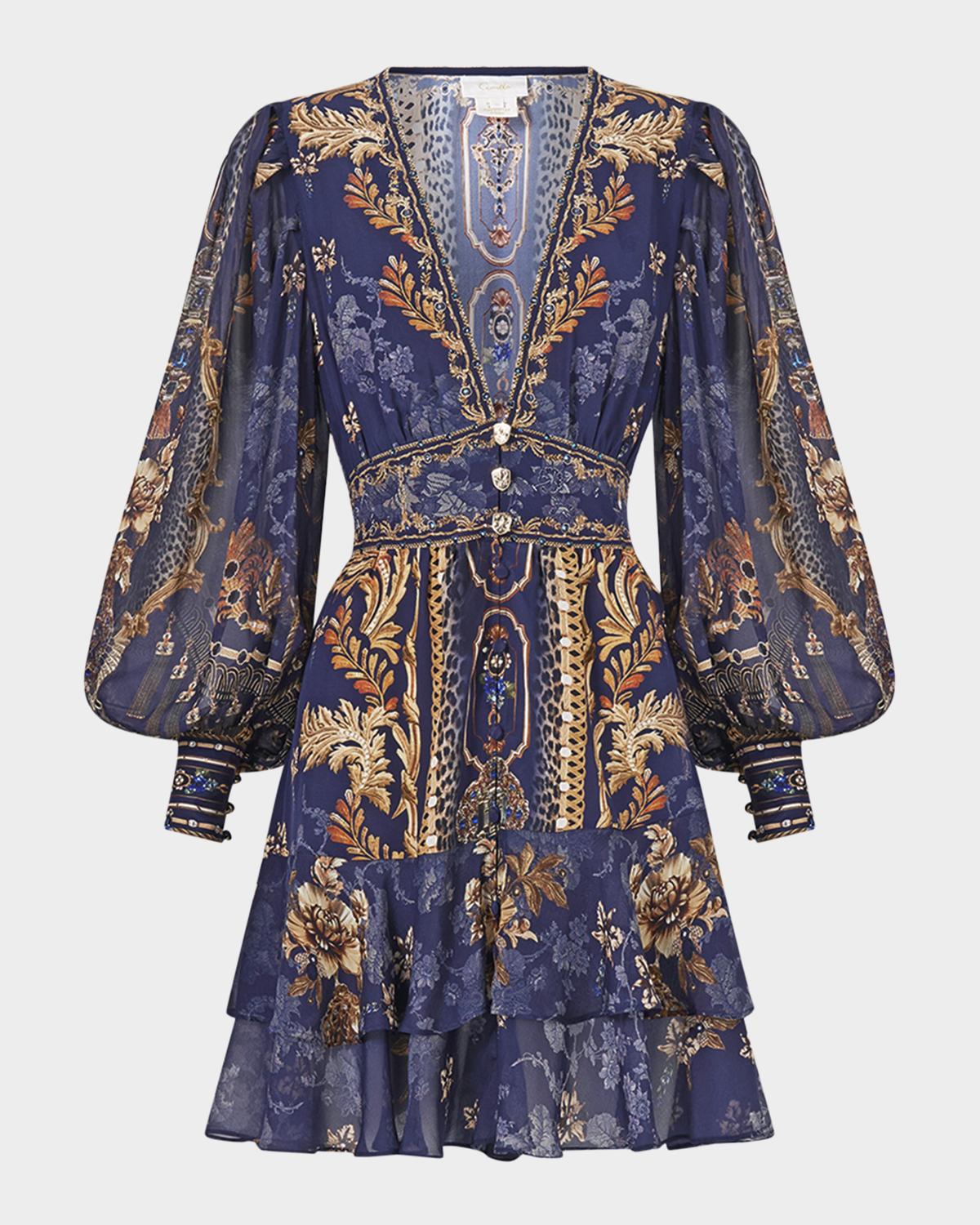 Camilla Cloaked in Baroque Tiered Button-Front Mini Dress