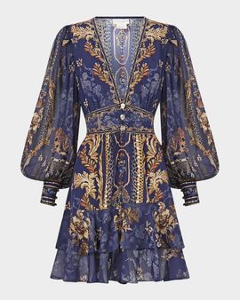 Camilla Cloaked in Baroque Tiered Button-Front Mini Dress