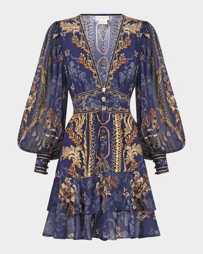 Camilla Cloaked in Baroque Tiered Button-Front Mini Dress