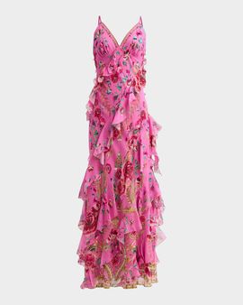 Camilla Maradora Flora Print Silk Ruffle Slip Dress