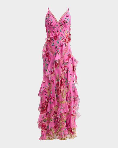 Camilla Maradora Flora Print Silk Ruffle Slip Dress