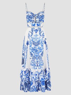 Camilla Women's Ceramic Panoramic Print Silk Ruffle-Hem Midi Dress