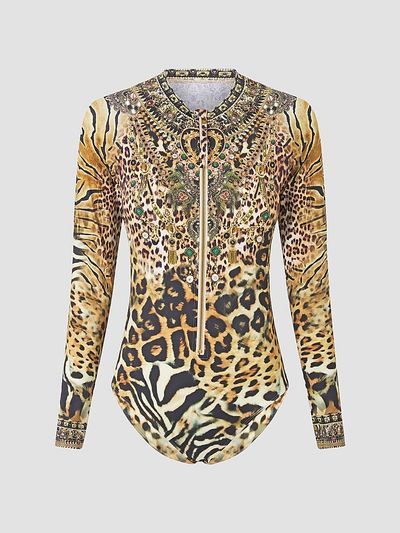 Camilla Women's Leotigra Printed Zip-Front Rashguard Swimsuit
