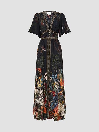 Camilla Women's Palace Zoology Print Silk Tapered-Waist Maxi Dress