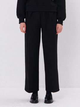 camino Fleece-lined Wide Pintuck Belt Pants [Black]