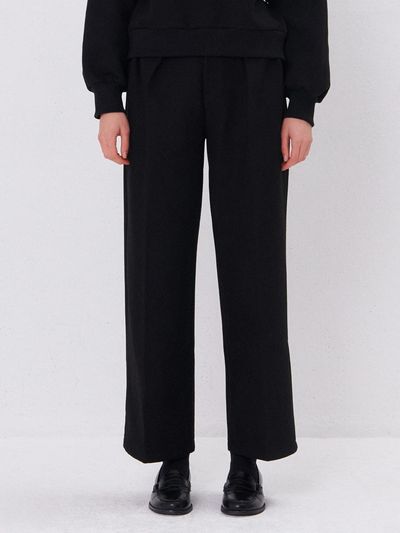camino Fleece-lined Wide Pintuck Belt Pants [Black]