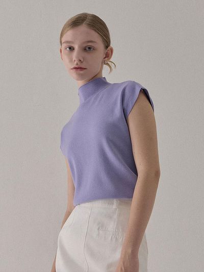 camino Half Turtle Neck Cap Sleeve Knit Top [Purple]