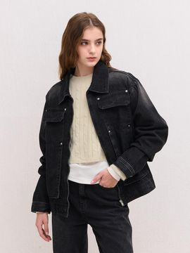 camino Pocket Oversized Mid-Hip Denim Jacket [Black]