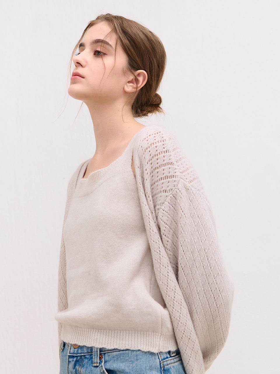 camino Punching Sleeveless Knit Cardigan Set [Light Gray]