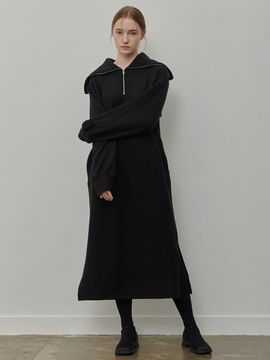 camino Ribbed Half Zip-up Everyday Dress [Black]