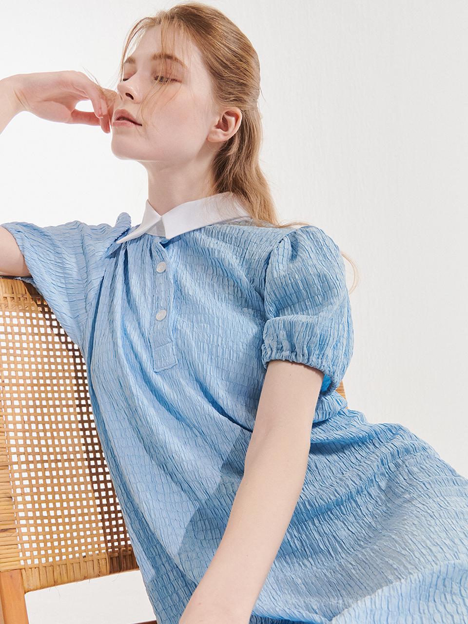 camino Seersucker Collar Long Dress [Sky Blue]