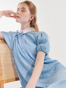 camino Seersucker Collar Long Dress [Sky Blue]