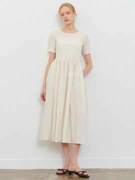 camino Seersucker Half Sleeve Shirring A-line Dress [Beige]