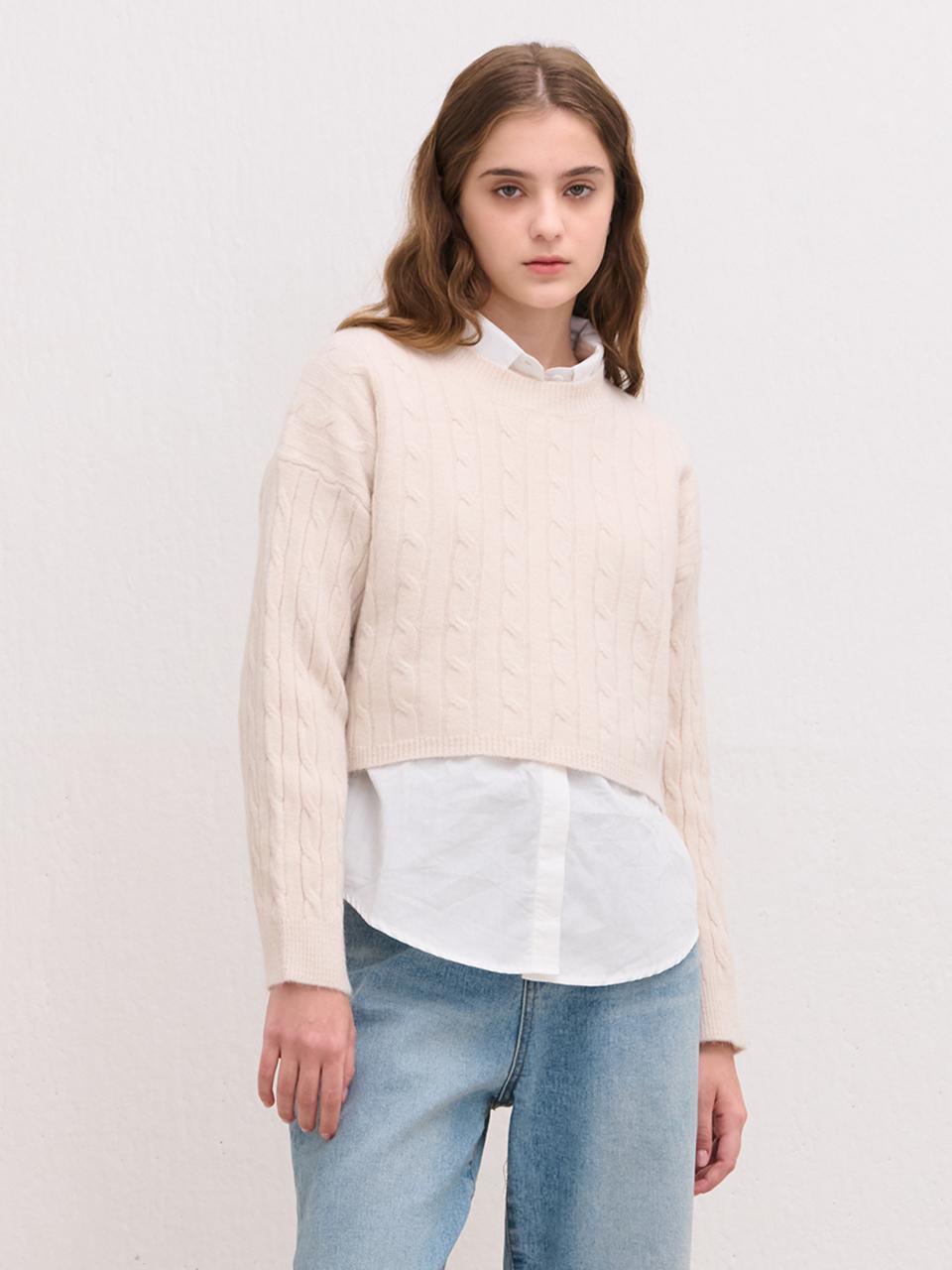 camino SEMI CROP ROUND CABLE KNIT SWEATER [CREAM]