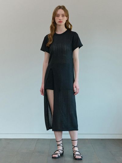 camino SLIT SUMMER LACE LONG KNIT DRESS [BLACK]