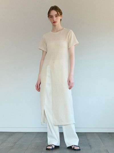 camino SLIT SUMMER LACE LONG KNIT DRESS [CREAM]