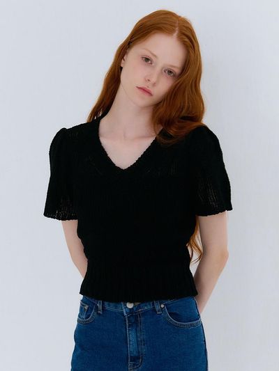 camino Summer V-neck Shirring Puff Sleeve Knit [Black]