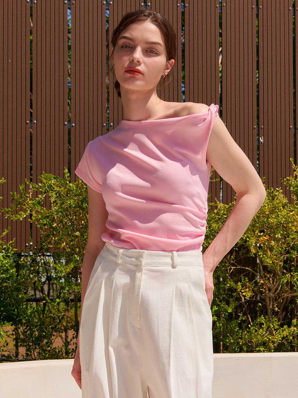 camino Twist Off Shoulder Semi-elastic T-shirt [Pink]