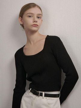 camino U-Neck Ribbed Regular Fit Knit [Black]