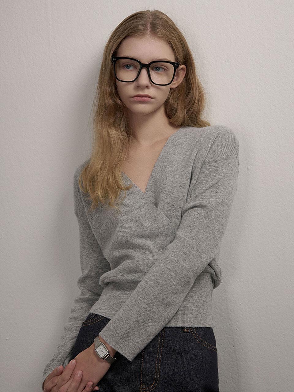 camino Wrap V-neck Drop Shoulder Knit Sweater [GRAY]
